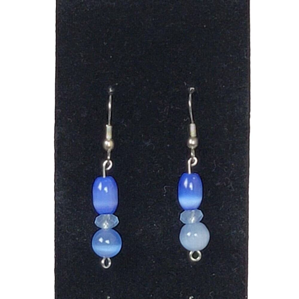 Dangle Earrings Blue Cats Eye Glass Bead Pierced Ears Oval Round Two Inch Drop